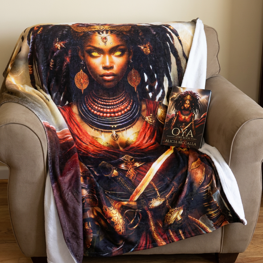 Oya artwork blanket draped over a beige armchair beside Alicia McCalla’s Oya lore book, beneath “Enter Oya’s World—Book & Blanket Bundle.”
