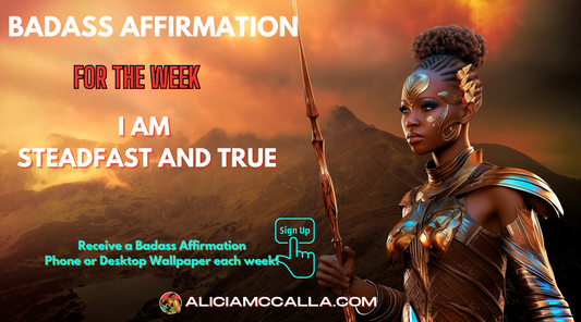 Black Warrior Woman on a Mountain Top Gazing into the Unknown with the Affirmation I am Steadfast and True