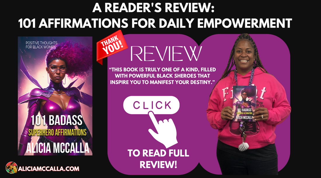 A smiling Black woman holding open the book "101 Badass Superhero Affirmations" to show the colorful superhero illustrations inside.