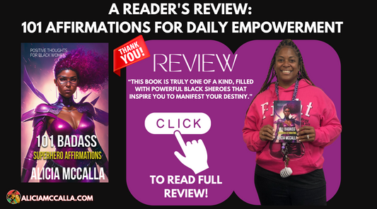 A smiling Black woman holding open the book "101 Badass Superhero Affirmations" to show the colorful superhero illustrations inside.