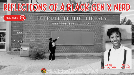Author Alicia McCalla Standing in Front of Sherwood Forest Library in Detroit Reflections of a Black Gen X Nerd 