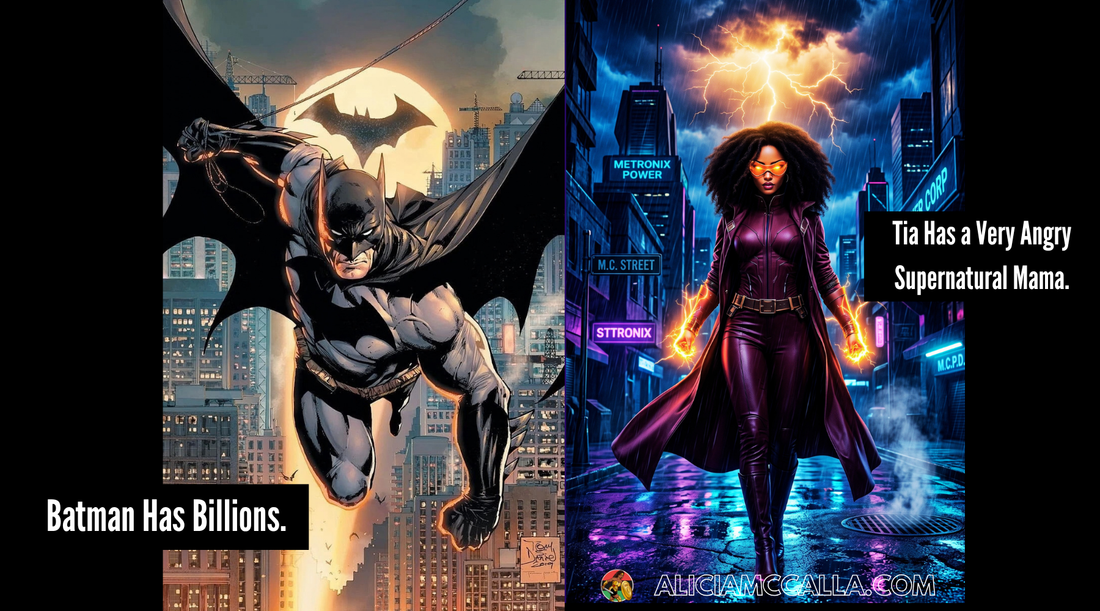 Batman flies over Gotham City beside Tia Jackson, a Black woman superhero vigilante standing in stormy Metronix City with lightning and glowing fists. Text reads: “Batman Has Billions. Tia Has a Very Angry Supernatural Black Mama.”