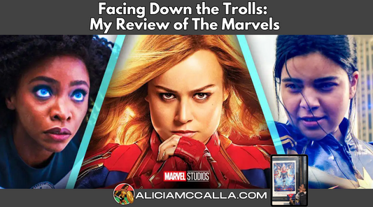 Monica Rambeau, Captain Marvel, Kamala Khan on the Marvels Movie Poster directed by Nia Costa. Alicia McCalla in the background pointing to the movie poster Facing down racist and sexist trolls. 