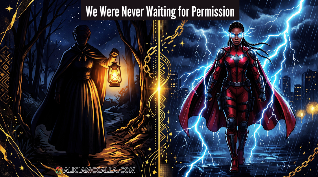 Split image: woman with lantern in dark forest beside Tia Jackson, lightning-powered Black superhero in red armor