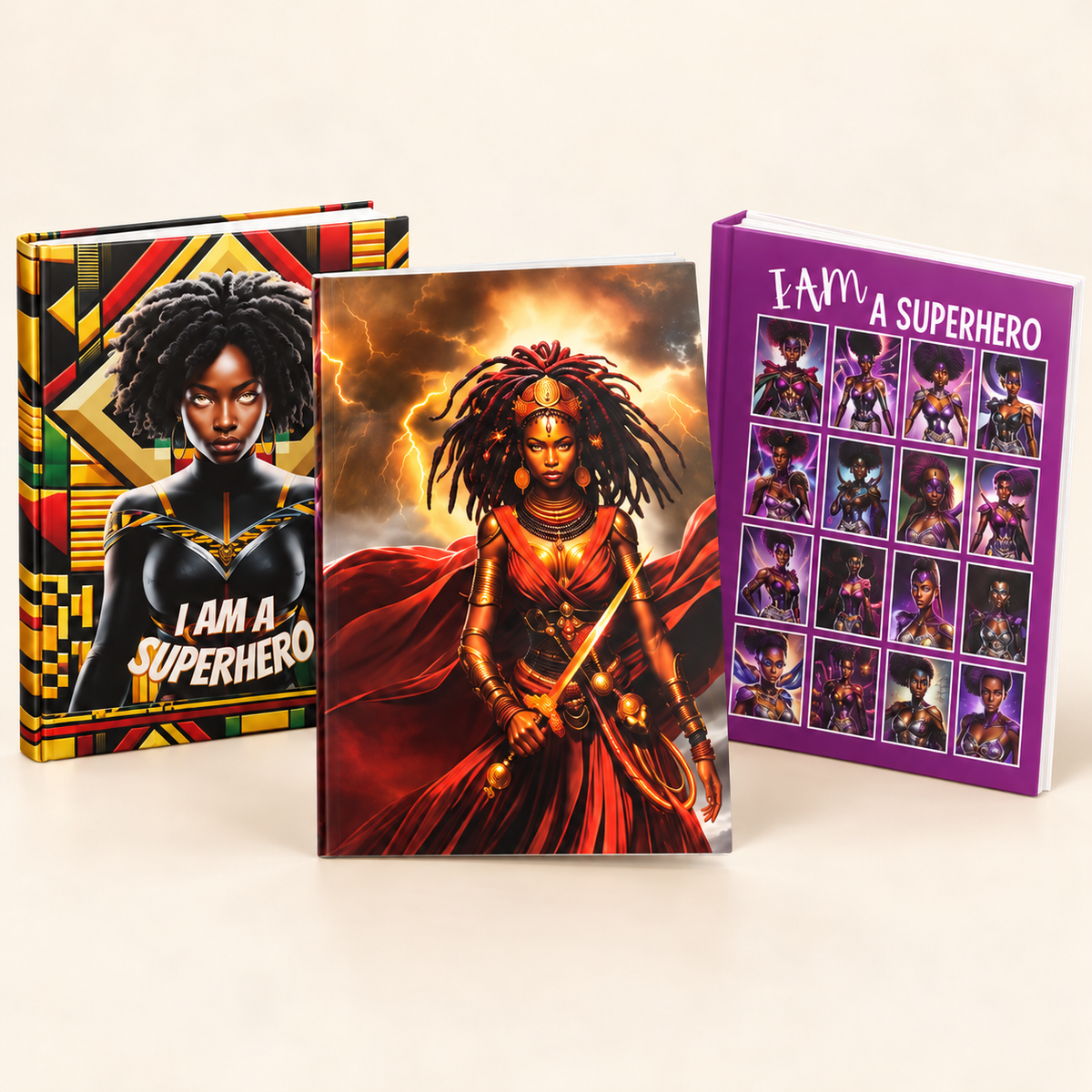 Three journals featuring Kente superhero artwork, Oya Warrior Goddess, and a purple “I Am a Superhero” cover on a cream background.