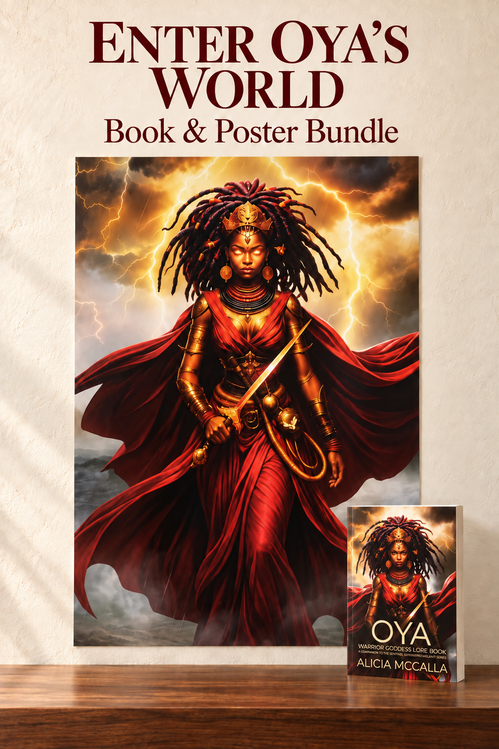 Oya art poster featuring glowing copper eyes beside Alicia McCalla’s paperback lore book, beneath “Enter Oya’s World—Book & Poster Bundle.”