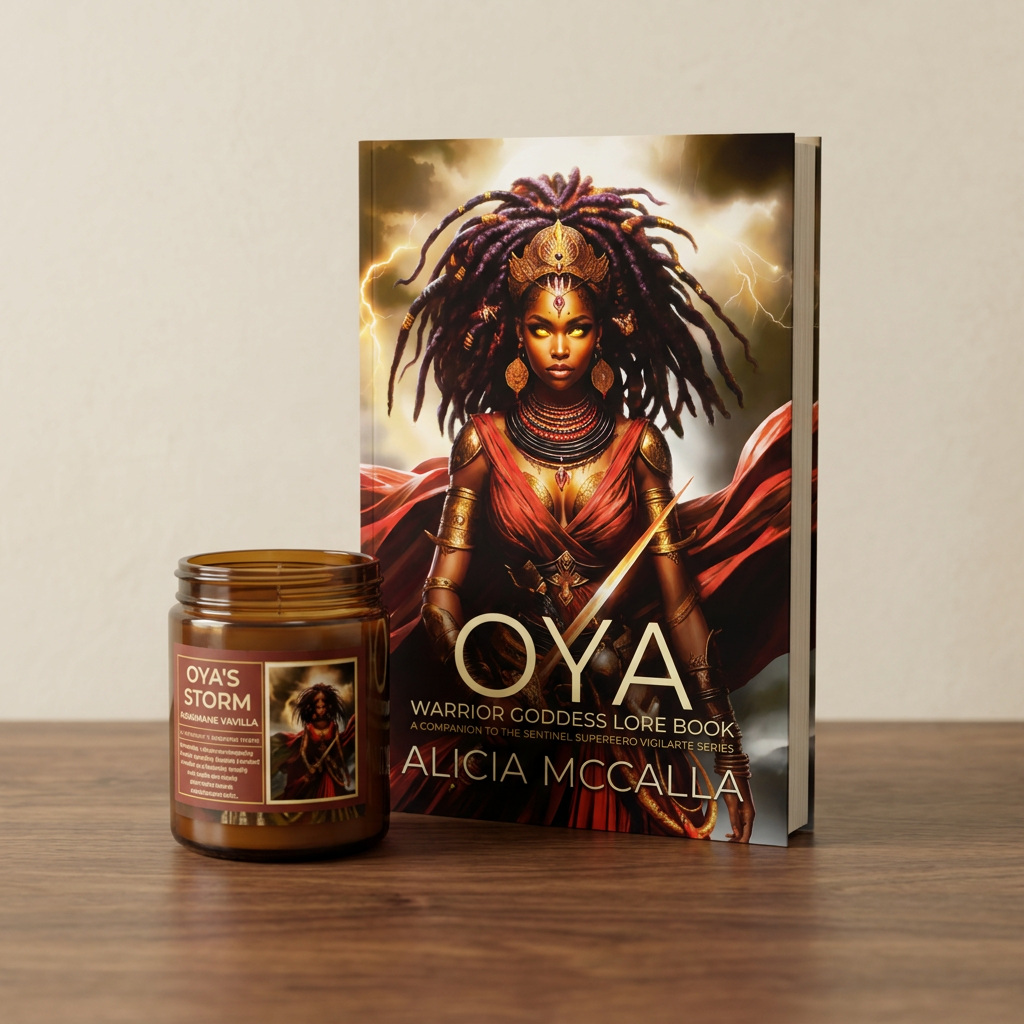 Oya Warrior Goddess Lore Book by Alicia McCalla beside an amber Oya’s Storm candle on a wooden tabletop.