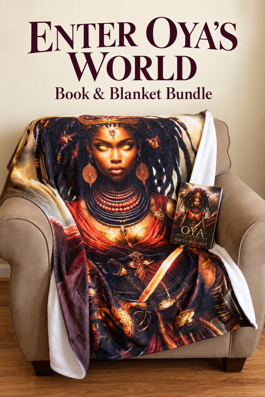 Oya artwork blanket draped over a beige armchair beside Alicia McCalla’s Oya lore book, beneath “Enter Oya’s World—Book & Blanket Bundle.”